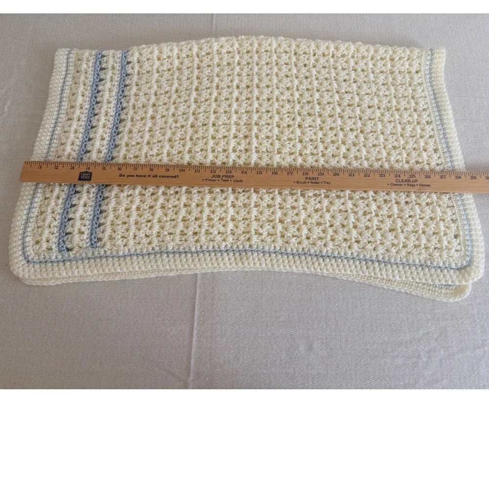 Handmade Crochet Baby Blanket 30x32 Cream Blue Excellent Striped Knit